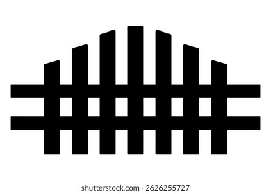 Cerca. Cerca de madeira feita de tábuas aumentando em altura para o centro. Silhueta. Ilustração vetorial. Fundo branco isolado. Ideia para web design.