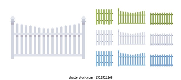 Fence wooden set, home and land protection element. Park and flowering garden beauty ornamental barrier and design. Vector flat style cartoon illustration isolated, white background, different views