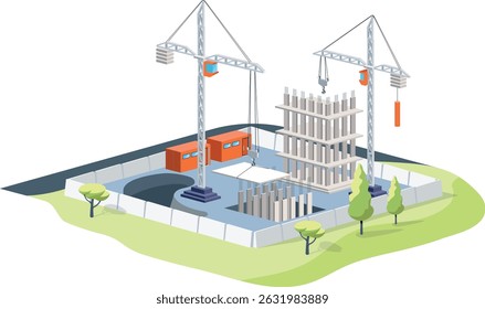 Fenced construction site with cranes, vector isometric illustration