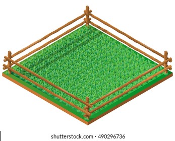 Fenced meadow. Pasture for farm animals. 3D isometric view. Vector illustration.