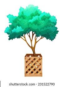 A fenced tree on a white background 