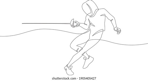 Fencer Athlete Defends. Continuous Line Drawing Of A Person. One Line Illustration