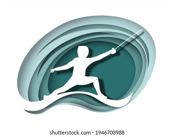 Fencer athlete with sword white silhouette, vector illustration in paper art style. Fencing sport duel, competition event, training. Sword fighting.