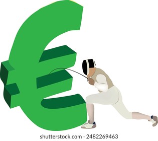 Fencer attacking a big green euro symbol with his Épée