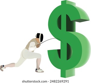 Fencer attacking giant green dollar sign with sword