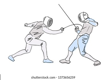 Fencer attacks the opponent. Colorful drawing. Fencer at tournament. Fighting swordsmen in protective sportswear. Fencing championship. Vector hand drawn illustration. Isolated silhouette and colors.