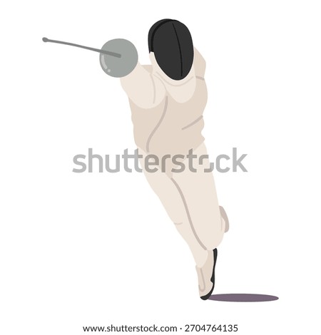 Fencer cartoon character fully geared doing parry and lunge with riposte thrust isolated on white background. Fighter showcasing advanced technique, dynamic action and precision vector illustration