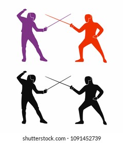Fencer colorful silhouette. Man wearing fencing suit practicing with sword.  Vector illustration.