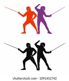 Fencer colorful silhouette. Man wearing fencing suit practicing with sword.  Vector illustration.