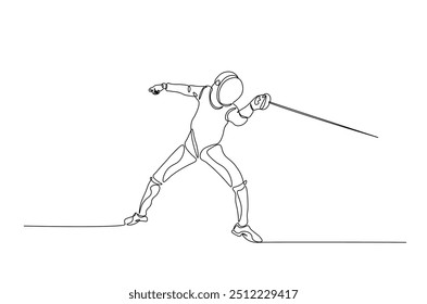 Fencer continuous one line drawing. Fencing sport single line art illustration. Editable vector.