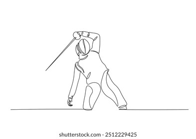 Esgrimista desenho contínuo de uma linha. Esgrima esporte ilustração de arte de linha única. Vetor editável.