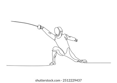 Fencer continuous one line drawing. Fencing sport single line art illustration. Editable vector.