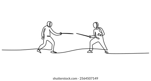 Fencer engaging in a duel, symbolizing focus, precision, and athleticism. One line drawing capturing the intensity and skill of fencing. Vector illustration hand drawn.