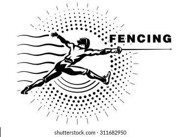 Fencer with epee. Illustration in the engraving style