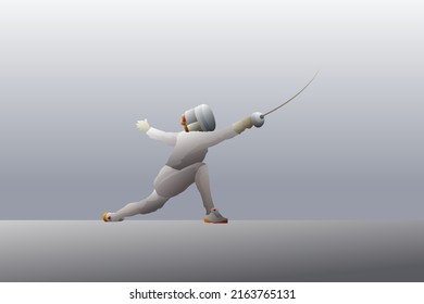A fencer lunge forward with a foil weapon on the fencing arena. Hand drawn vector illustration.