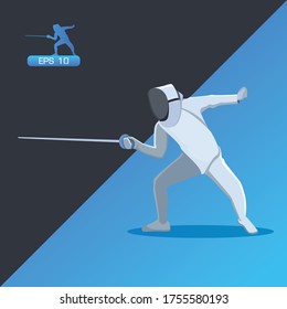 Fencer. Man wearing fencing suit practicing with sword. Vector illustration.