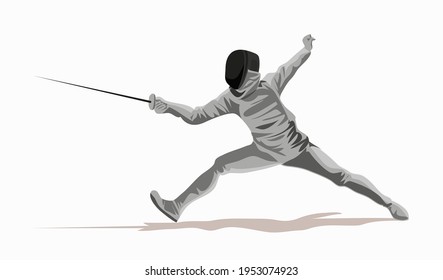 Fencer. Man wearing fencing suit practicing with sword. Sports arena and lense-flares. Sport Infographic Shot Put Athletics events. White background. Drawn in a flat style