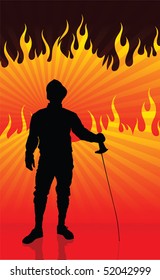 Fencer on Fire Background Original Illustration