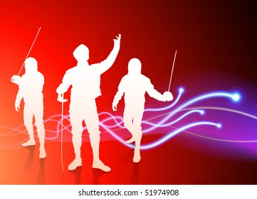 Fencer on Light Spark Abstract Background Original Illustration
