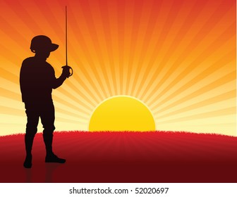 Fencer on Sunset Background Original Illustration