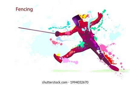 Fencer with a saber. Silhouette of an athlete. Grunge style. Fencing is a sport. Various multicolored splashes and blots.