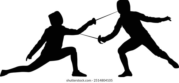 Fencer silhouette illustration. People pose full body while fencing.