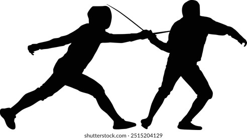 Fencer silhouette illustration. People pose full body while fencing.