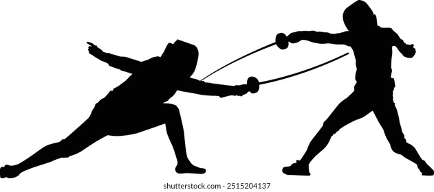 Fencer silhouette illustration. People pose full body while fencing.