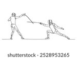 Fencer sport continuous one line drawing. Fencing Player duel single line art illustration. Editable vector.