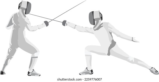 The fencer stands in a pose for readiness fighting. Fencer in mask fighting. Vector image illustration of fencer. Rapier epee saber sword in the hands of a man. Athlete athletic. Sport game silhouette