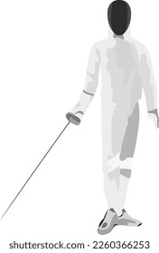 The fencer stands in a pose for readiness. Fencer in mask before fight. Vector image illustration of fencer. Rapier epee saber sword in the hands of a man. Athlete athletic pose. Sport game silhouette