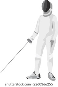 The fencer stands in a pose for readiness. Fencer in mask before fight. Vector image illustration of fencer. Rapier epee saber sword in the hands of a man. Athlete athletic pose. Sport game silhouette