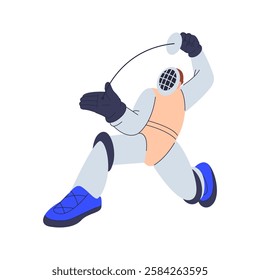 Fencer with sword wearing uniform and protective helmet, flat cartoon vector illustration. Isolated fencing professional, sportsman practicing for competition. Fun and recreation hobbies