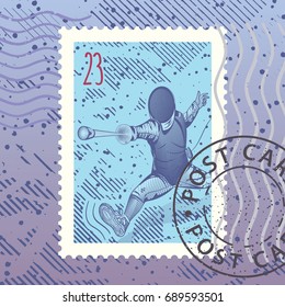 Fencer. Vector illustration. Line Art. Stamp. Mark. Postcard.