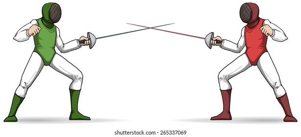 Fencers about to duel, in full gear, sport, vector illustration