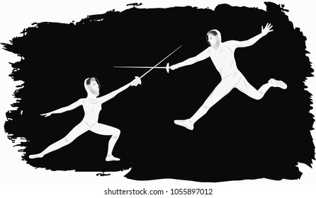 Fencers - man and woman in a duel on rapiers - abstract black grunge background - art vector