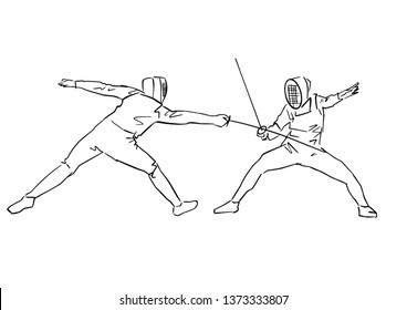 Fencers at tournament. Contour drawing. Two fencing athletes. Fighting swordsmen in protective sportswear. Fencing championship. Vector hand drawn illustration. Isolated silhouette.