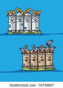 fences and birds, abstract vector art illustration