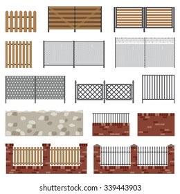 Fences of different structures and materials in flat style. Simple vector icons.