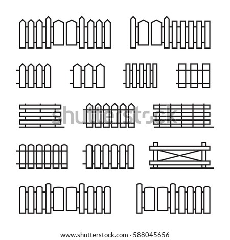 Fences flat line icons. Set of linear signs of decorative wooden fencing isolated on white. Outline symbols of hedge with wicket gate. Vector eps8 illustration.