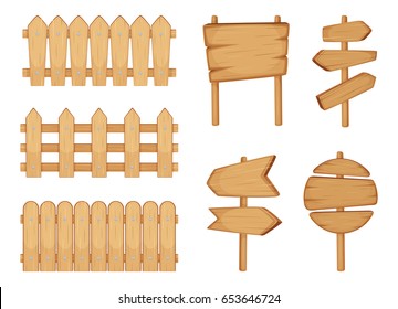 Fences of garden and signs with wood texture. Vector illustration set isolate on white