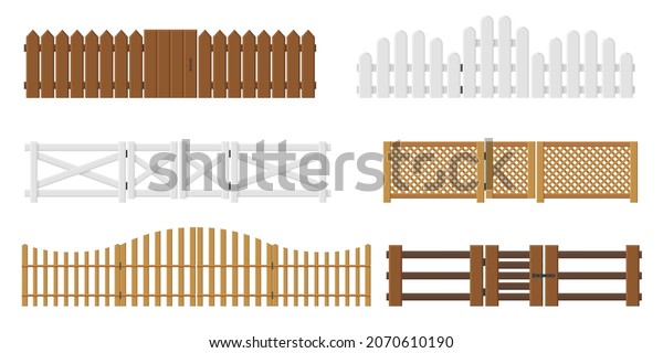 Fences with\
gates. Wooden enclosing planks and lattices. Yards barriers. Garden\
fencing with doors. Farm or rural house boundary. Palisade\
entrance. Vector village border elements\
set