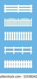 Fences and railings set, different styles. Isolated vector illustration on blue background.
