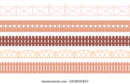 Fences seamless pattern. Wooden fence borders. Isolated decorative stickers or banner elements. Garden, farm, backyard racy vector background