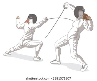 fencing 2 female fencers in action isolated on a white background