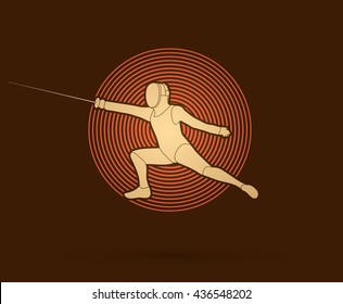Fencing action designed on circle background graphic vector.