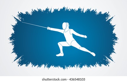 Fencing action designed on grunge frame background graphic vector.