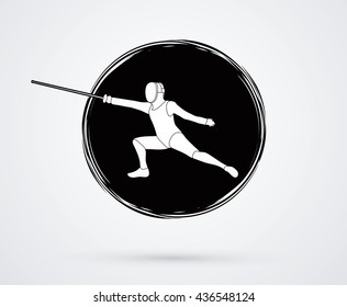 Fencing action designed on grunge circle background graphic vector.