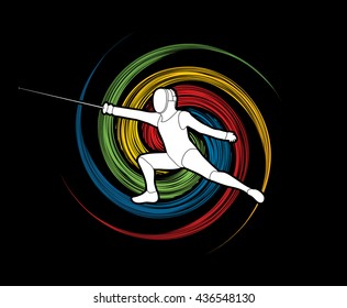 Fencing action designed on spin wheel background graphic vector.