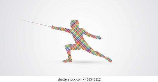 Fencing action designed using colorful pixels graphic vector.